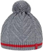 [Boutique Retailer] Merino Wool Blend Pom Pom Knitted Pull on Beanie Hat, Grey/Red, Small