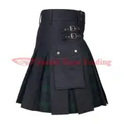 Scottish Handmade Men Black With Black Watch Tartan Hybrid Kilt Utility Kilt