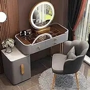 Vanity Desk with Mirror and Lights with Drawers and Vanity with Chair，Vanity with Glass Top and Lockers，Suitable for Bedroom Girls Ladies(Gray)