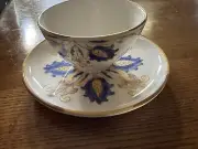 Portuguese Teacup CMG CUP AND SAUCER White Blue Yellow NEW