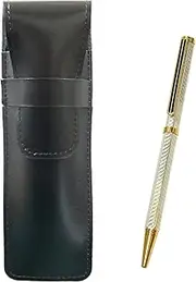 2 Pack Slim Cow Leather Pen Case Black Brass Hex Rotating Holi Gold Ballpoint Pen Set Silver T23-ASB-6KSBP-S-2
