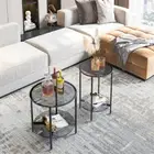 Dual Tier Round Side End Table Small Coffee Table Tempered Glass Top Metal Frame