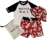 [NAUTICA] Little Boy's Performance UV Protection 50+ 3 Piece Swim Set, Rash Guard, Swim Trunk, Hat