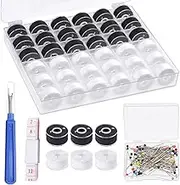 Tanstic 36Pcs White & Black Prewound Bobbins, Size A Prewound Bobbin Thread with Bobbin Case, 100Pcs Sewing Pins, Seam Ripper, Ruler for Embroidery and Sewing Machines