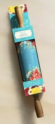 New Pioneer Woman Vintage Floral Rolling Pin Teal Blue Decor 17.7” Acacia Wood