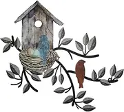 Peryiter Birds Wall Decor Metal Tree with Birdhouse Art Hanging Outdoor for Living Room Leaf Indoor Garden Yard Park Accent (Brown)