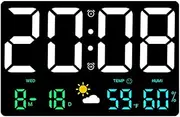 STOBAZA Large Digital Wall Clock with Temperature Humidity Sensor Colorful Led Display for Living Room Office Multifunctional Alarm Clock with Weather Forecast