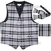 New Vesuvio Napoli Men's plaid Tuxedo Vest_Self Tie Bowtie & Hankie set Gray