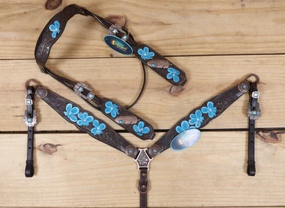 Western Leather Headstall and Breast Collar Tack Set, Flower Carving with Turquo