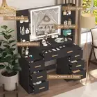 Vanity Black Makeup Table Set Dressing Desk With LED Lighted Mirror & 7 Drawers