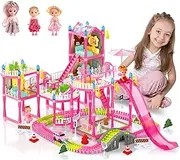 randhar Doll House for Girls with Lights, Doll Girls Houses with Track Car Toys, 3 Dolls, Pets, Car, Furniture and Accessories, Design and Build Gift for 3 4 5 6 7 8+ Year Old Girls