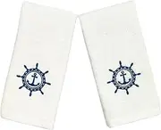 [Serafina Home] Summer Soft Absorbent Bathroom Coastal Guest Embroidered Fingertip Towels: Nautical Captain's Wheel Design, 2 Piece 12" x 18" Inches