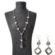 Glass Diamond Y-Drop Necklace on Hammered Silver Chain with Matching Earrings