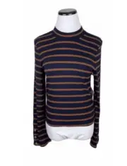NWT O’Neill Striped Mock Neck Top Large Stretchy Ribbed Bell Sleeves Brown Navy
