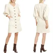 [0 size] Tory Burch Cotton Puffed Sleeve Dress Ivory Button Front