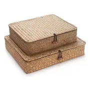 Seagrass Storage Basket Box with Lid Rectangular Woven Shelf Baskets Bins for...