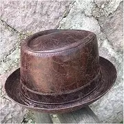 [LINCYS] Leather Men Pork Pie Hat Dad Flat Fedora Hat Jazz Hat for Gentleman Bowler Gambler Top Hat 3Szie(Light Coffee,57-58cm)