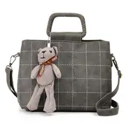 Retro Women Pu Leather Plaid Bear Handbags Ladies Elgant Shoulder Bag Crossbody Bags Gray