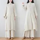2PCS Women Retro Chinese Cotton Linen Dress and Pant Soft Casual Loose Tang Suit