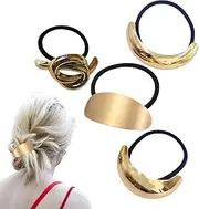 Metal Hair Ties for Women | 4X Geometric Hair Cuff | Decorative Ponytail Holder Hair Tie Golden Hair Wrap Cuff Ring Holder for Accessories