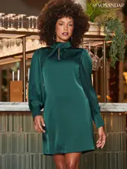 Sosandar Green Satin Twist Neck Detail Shift Dress (Q76477) | $173