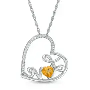 Heart-Shaped Citrine and Natural Diamond Accent Tilted "LOVE" Pendant in Sterling Silver