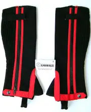 HALF CHAPS HORSE RIDING EQUESTRIAN BLACK AMARA WASHABLE RED DESIGN BNWT