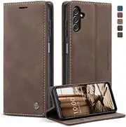 owlhold Mobile Phone Case for Samsung Galaxy A14 4G/5G Case, Premium Leather Case Soft Vintage Nubuck Leather Foldable Stand Flip Case Card Slot Stand Function Shockproof Protective Case Coffee