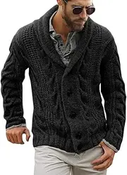[Karlywindow] Mens Cable Knit Cardigan Sweater Shawl Collar Loose Fit Long Sleeve Casual Cardigans