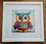 Framed Cute Yarn Owl Art Print 12x12" White Wooden Frame Nursery Kidsroom NEW