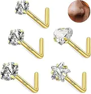 [BODY16G CZCZ] 5 Pcs 14K Gold Filled Nose Studs 20G Stainless Steel Stud Nose Ring 2mm/2.5mm/3mm Round,Heart,Star CZ L Bend Nose Stud Hypoallergenic Nose Piercing