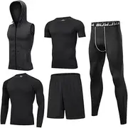 [BUYJYA] 5Pcs Men's Compression Pants Shirt Top Long Sleeve Jacket Athletic Sets Gym Clothing Mens