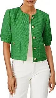 [LifeShe] Women's Cropped Short Puff Sleeve Tweed Jacket Spring Summer Office Work Business Blazer Coat