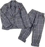 [Kromoc] Boys' Checked 3-Piece Suit One Button Jacket Vest Pants Tuxedo for School Party Wedding