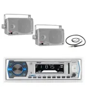 Pyle Bluetooth Marine Receiver, 2x 3.5" 200W Boat Audio Silver Speakers, Antenna
