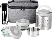 Lille Home 1065ml Lunch Box Set, an Vacuum Insulated Bento/Snack Box Keeping Food Warm for 3-4 Hours, Two BPA-Free Food Containers, A Lunch Bag, A Portable Cutlery Set (Grey)