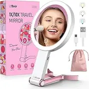 Travel Makeup Mirror With Lights, Rechargeable Double Sided 10X/1X Magnifying, Portable Lighted Beauty, 3 Color Lighting, Dimmable Touch Screen, Tabletop Handhold Hanging（White