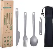 Boundless Voyage Titanium Cutlery Set Ultralight Utility Flatware Utensil 4 Pcs Set Spoon Fork Knife Bottle Opener for Home Use Travel Camping Ti1066T