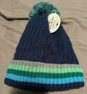 Britt's Knits Navy Blue Pom Hat Green Ribbed Cuff One Size Kids Youth