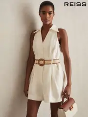 Reiss Cream Anjie Linen Belted Collar Playsuit (AN2408) | $350