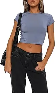 [OOHOKAY] Women's Classic Cut T-Shirt Basic Short Sleeve Y2K Crop Tops Slim Fit Tops Crew Neck Summer Tee Shirts