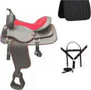 Synthetic Western Racing Barrel Trail Equestrian Full Tack Set Comfort Saddle Horse Light Weight All Accessory Included Size 15 inches Seat Available (15, Red).