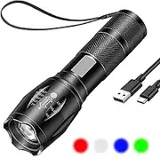 4 in 1 Red Green Blue White LED Torch Rechargeable, Super Bright Adjustable Focus Flashlight,4 Lighting Modes Waterproof Pocket Torch for Power Cuts,Emergency,Fishing,Camping, Hiking