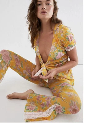 Free People HAH All Tied Up Marigold Reversible Lace Top Bell Flare Bottom Pants