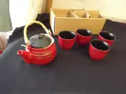 new 5PC TEAPOT SET oriental BAMBOO HANDLE strainer DEEP RED by CIB NIB