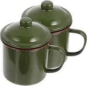 DECHOUS 2Pcs Vintage Enamel Mugs with Lid Durable Outdoor Camping Cups for Coffee Tea Milk and Water Retro Green Design for Home and Office Use