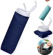 RUNGOS Collapsible Water Bottle with Straw for Travel Essentials [Double Leak-proof Design] [Soft Silicone Straw] BPA Free Silicone Foldable Water Bottle for Outdoor Hiking Sports, Lightweight (Blue)