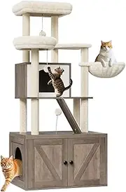 59-Inch Cat Tree with Litter Box Enclosure 2-in-1 Modern Large Cat Tower for Indoor Cats with Condo/Hammock/Scratching Post/Plush Perch/Caves, Wooden Hidden Litter Box Furniture, Grey