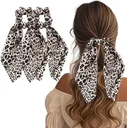 Flomiara 2PCS Hair Bows Scrunchies for Women, Ribbon Ponytail Holder Accessories Slides Print Hair Ties, Accessories Hairdresser Knotted Bow Fabric Scrunchy Long Hair Band for Women Girls, Leopard