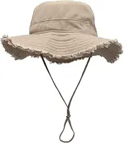 [LLmoway] Womens UPF50+ Cotton Wide Brim Sun Hat with Strap Ladies Summer Floppy Hats Packable Women Washed Fringes Bucket Hat